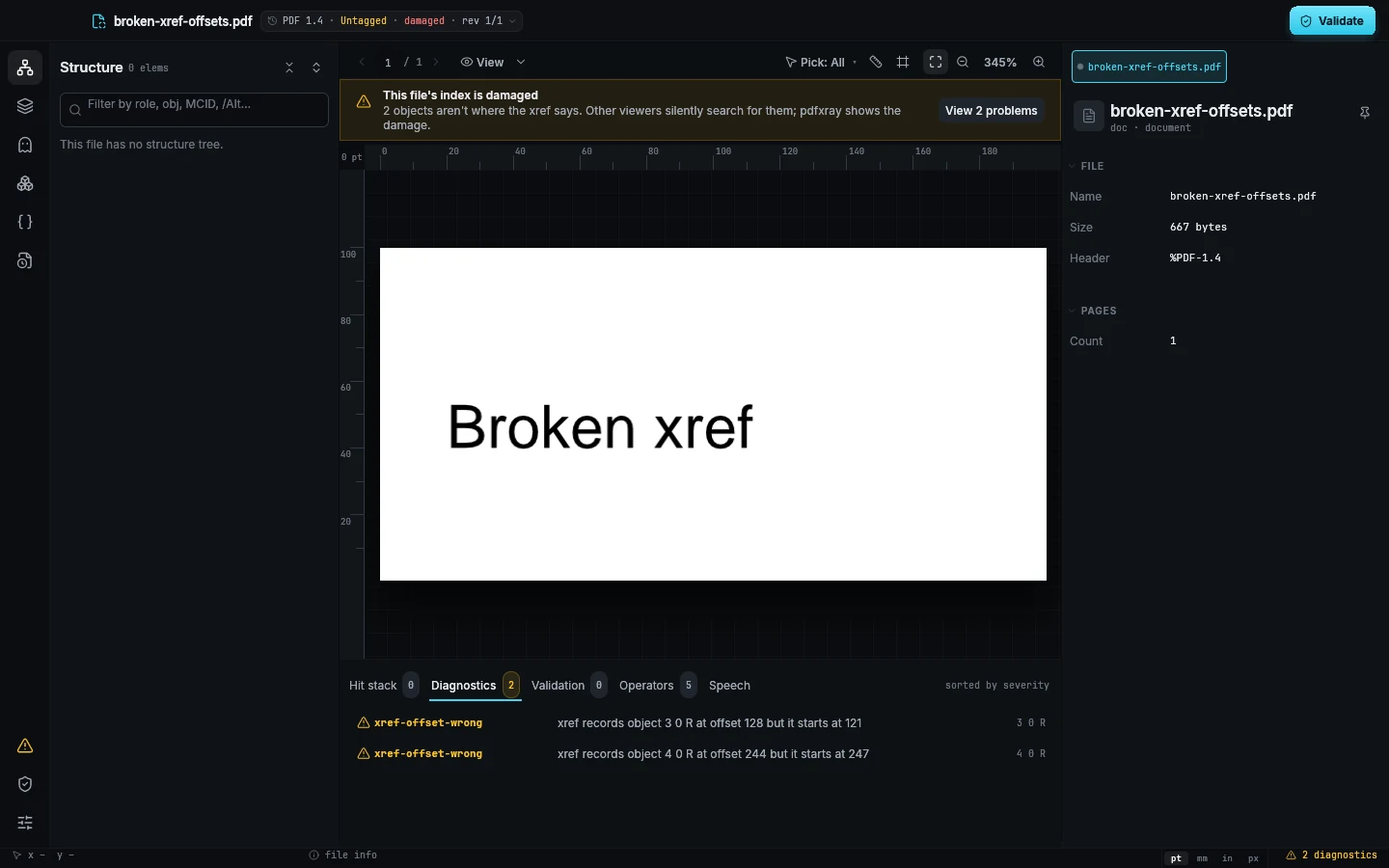 pdfxray reporting a damaged cross-reference table
